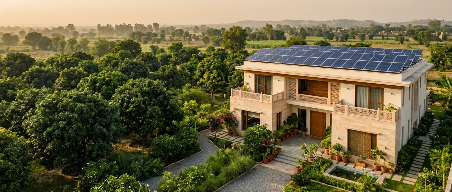AI-generated concept of a sunlit Indian home with a rooftop solar system, surrounded by lush greenery. Not an SRG installation.